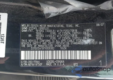 2007 Toyota Tundra Sr5 4.7L V8 из США, поврежденный, VIN 5TFBT54197X009362